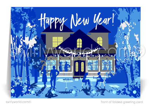 Celebrate with charm! Realtor New Year Greeting Cards feature a festive home, vibrant blue tones, golden glow, and retro calligraphy to connect with clients in style.