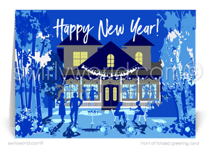 Celebrate with charm! Realtor New Year Greeting Cards feature a festive home, vibrant blue tones, golden glow, and retro calligraphy to connect with clients in style.