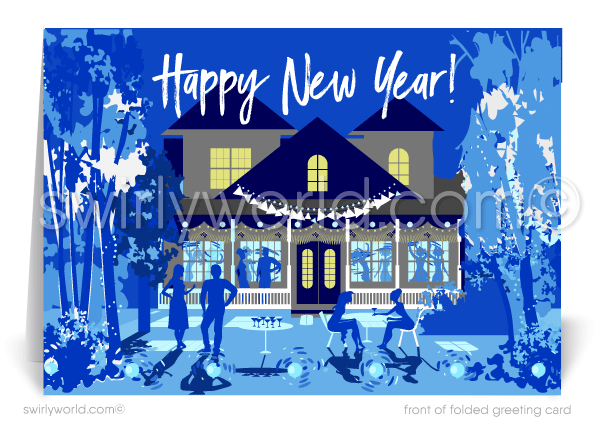 Celebration on New Years Eve at Home for the Holidays Cards for Realtors.