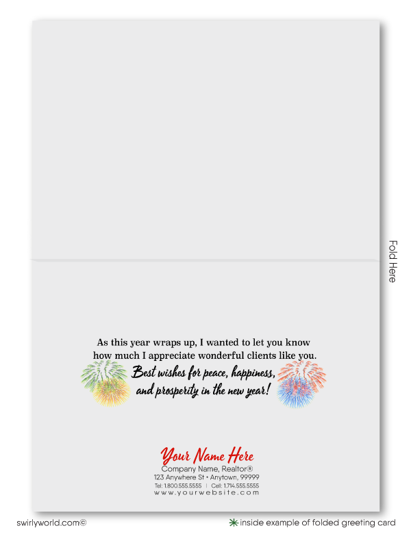 Exclusive Realtor New Year Cards! Charming row houses, vibrant fireworks, retro calligraphy, and a perfect way to wish clients Happy New Year and new beginnings.