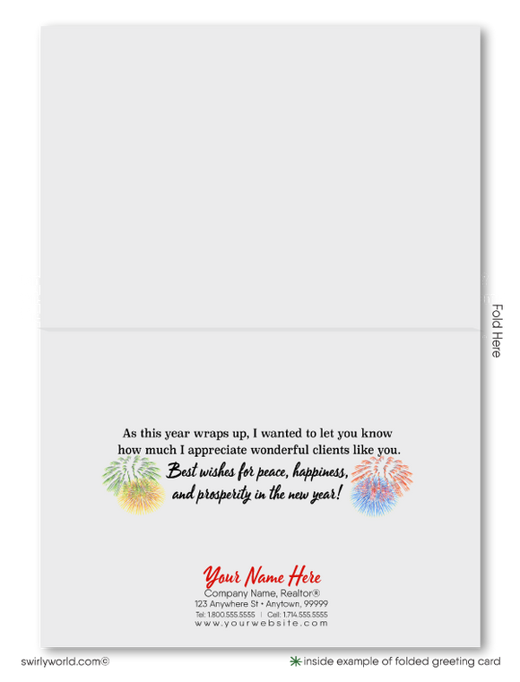 Exclusive Realtor New Year Cards! Charming row houses, vibrant fireworks, retro calligraphy, and a perfect way to wish clients Happy New Year and new beginnings.