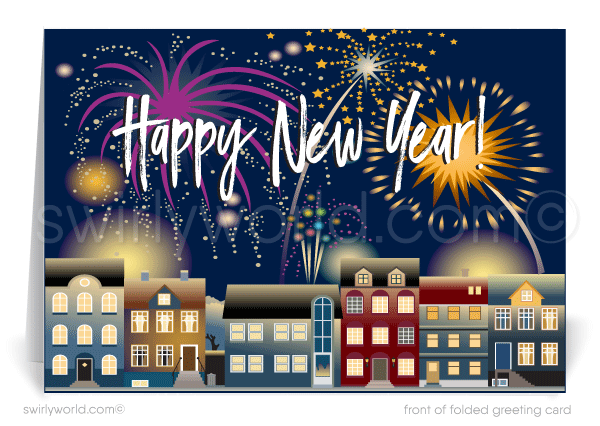 Exclusive Realtor New Year Cards! Charming row houses, vibrant fireworks, retro calligraphy, and a perfect way to wish clients Happy New Year and new beginnings.