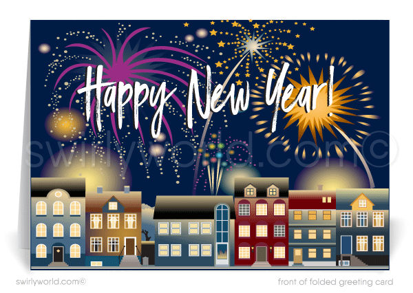 Neighborhood with fireworks above houses Happy New Year greeting cards for real estate agents and realtors.