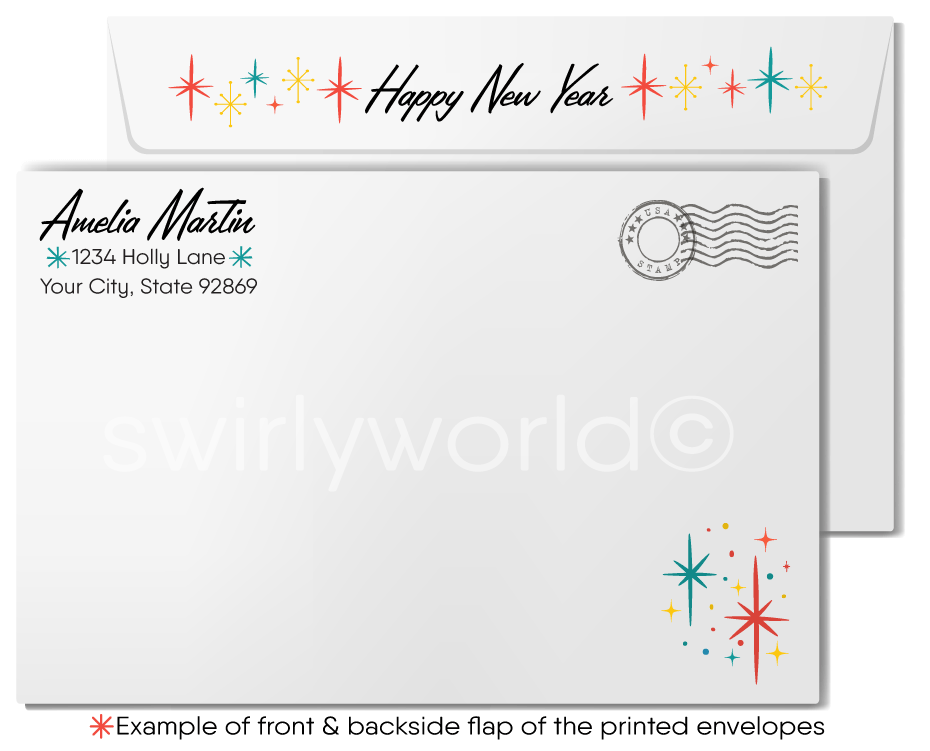 1950s Retro Mid-Century Modern Vintage Happy New Year Greeting Cards