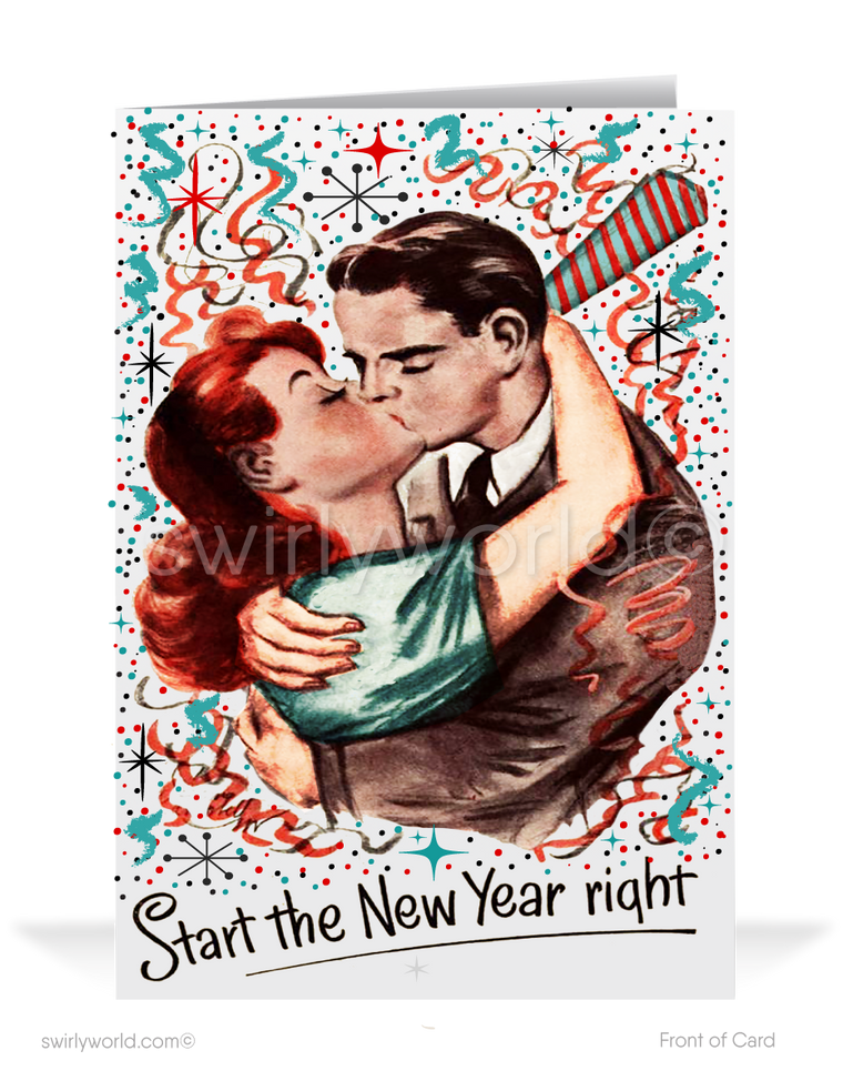 Step into the romantic nostalgia of the 1940s with our Vintage Midnight Kiss New Year's Greeting Card! This enchanting card transports you back in time to a moment of pure elegance and affection, capturing a passionate kiss shared by a loving couple at the stroke of midnight on New Year's Eve. As confetti rains down around them, this heartwarming scene encapsulates the essence of love, celebration, and the promise of a new beginning.