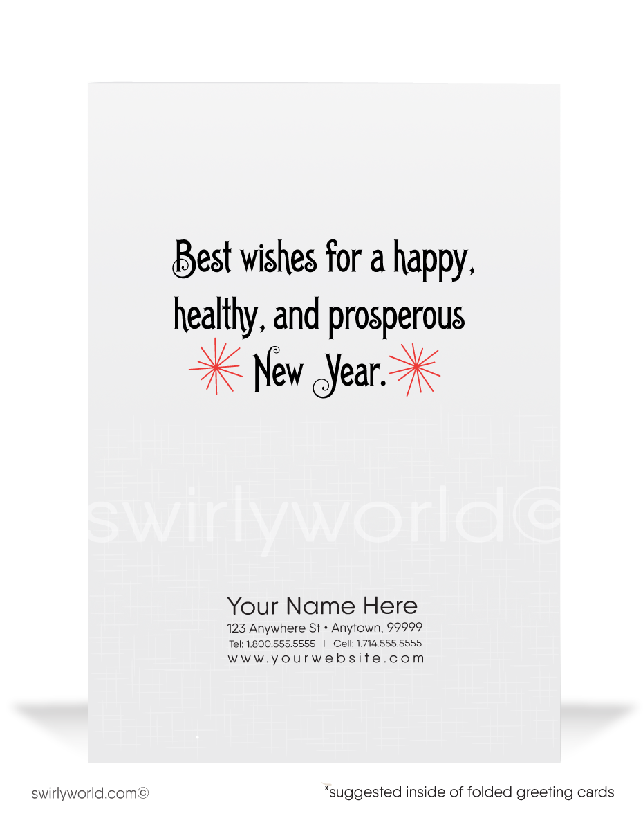 1920s-1930s Art Deco Vintage Victorian Couple Toast Happy New Year Greeting CardsIn this exquisite illustration, a chic couple sits at a formal table, their silhouettes beautifully framed against a dramatic red background. With a touch of whimsy, they ring in the New Year by toasting one another and playfully swapping cocktails