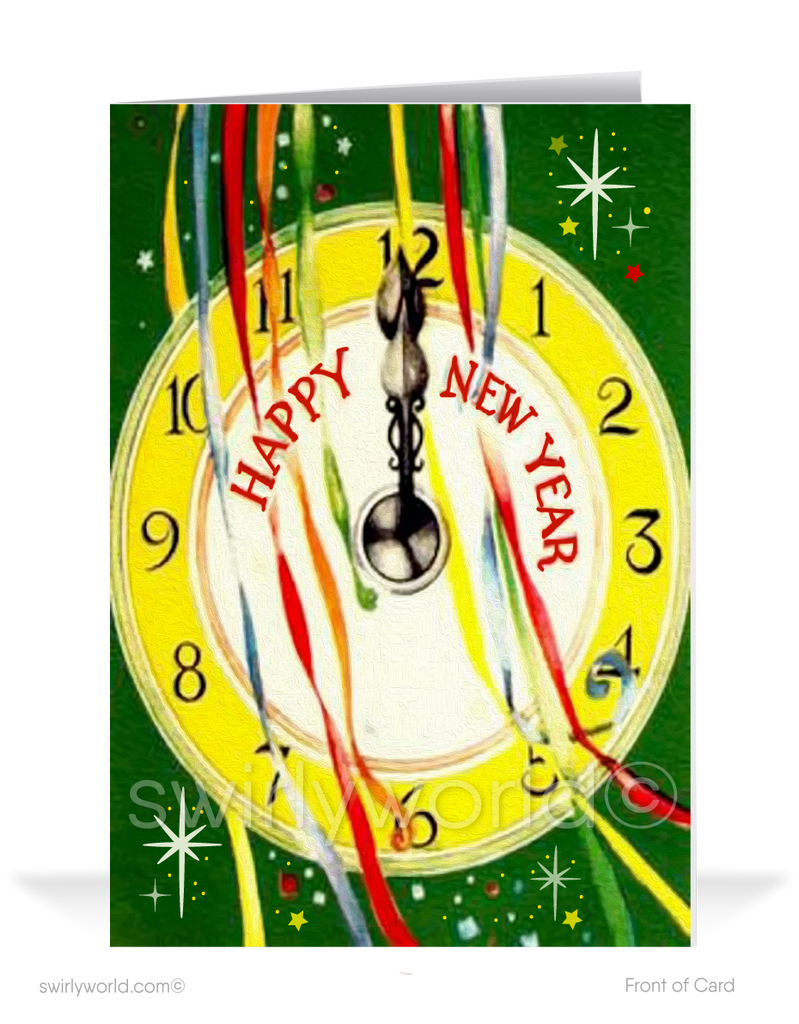 Celebrate in style with our Vintage Midnight New Year's Card! Retro clock at midnight, vibrant streamers, starbursts, and customizable mid-century charm.