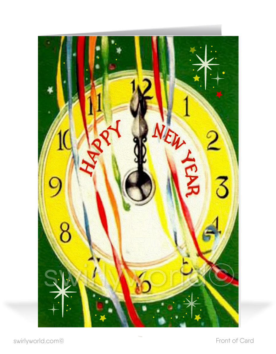 Celebrate in style with our Vintage Midnight New Year's Card! Retro clock at midnight, vibrant streamers, starbursts, and customizable mid-century charm.