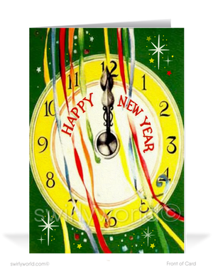 Celebrate in style with our Vintage Midnight New Year's Card! Retro clock at midnight, vibrant streamers, starbursts, and customizable mid-century charm.