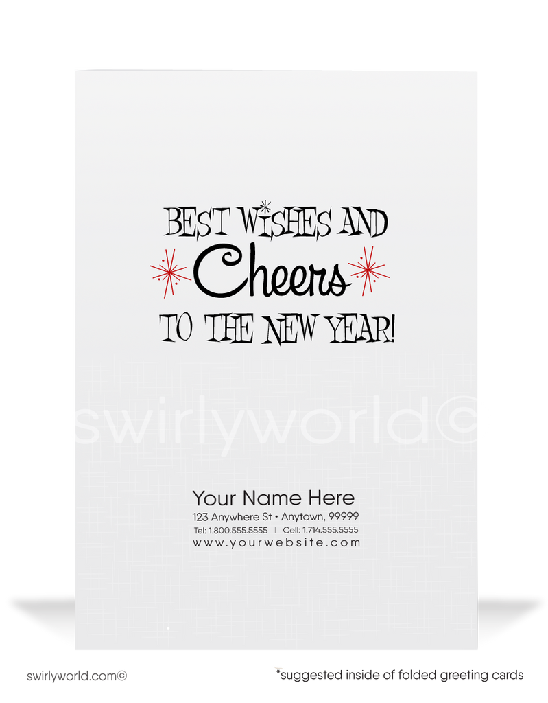 Vintage Style Midnight New Year's Card – Retro Clock, Starbursts, and Customizable Mid-Century Design