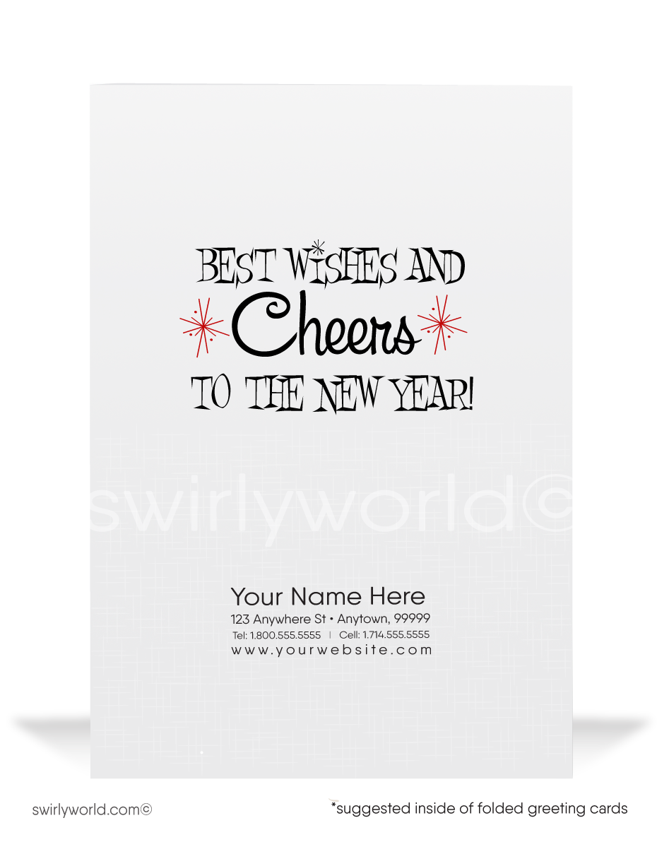 Celebrate in style with our Vintage Midnight New Year's Card! Retro clock at midnight, vibrant streamers, starbursts, and customizable mid-century charm.