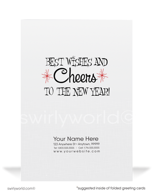 Vintage Style Midnight New Year's Card – Retro Clock, Starbursts, and Customizable Mid-Century Design