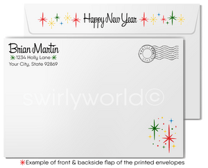 Vintage Style Midnight New Year's Card – Retro Clock, Starbursts, and Customizable Mid-Century Design