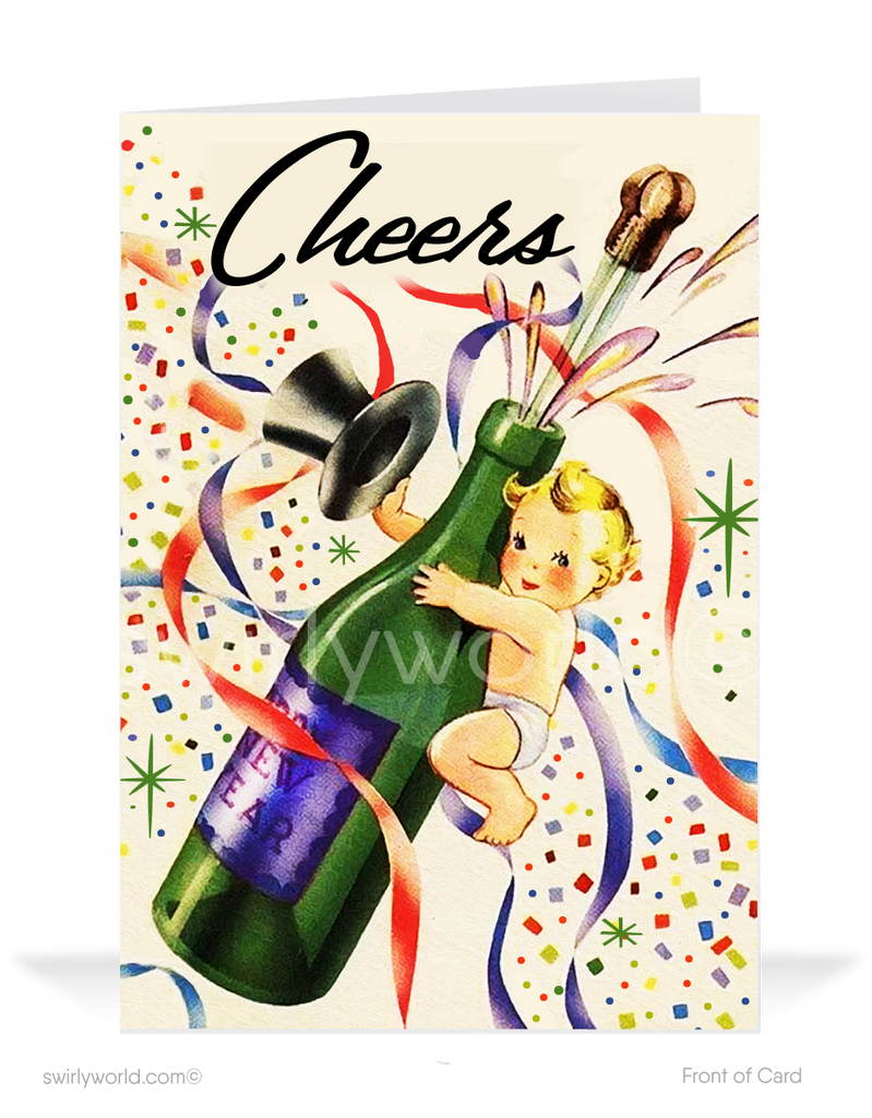 1950's retro atomic modern vintage mid-century happy new years holiday greeting cards.
