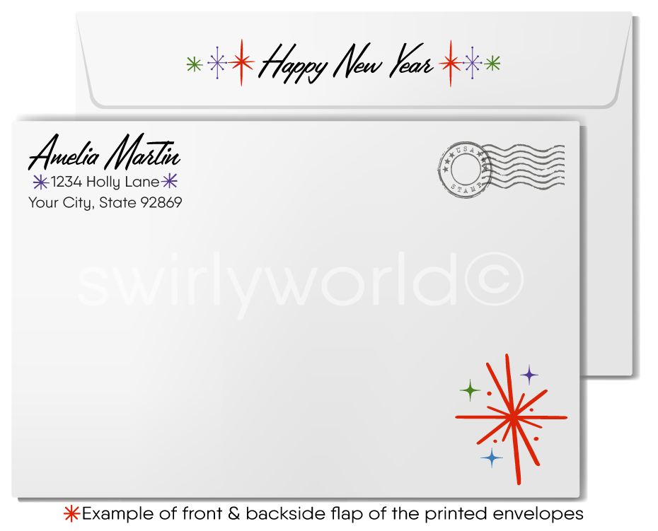 Vintage New Year’s Toast Greeting Card with Elegant Couple, Champagne Glasses, Bell Design, and Retro Starburst Charm