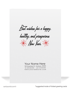 Vintage Baby New Year’s Symphony Greeting Card with Party Horn, Townspeople, and Retro 1950s Nostalgic Design