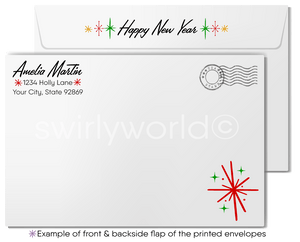 Vintage Baby New Year’s Symphony Greeting Card with Party Horn, Townspeople, and Retro 1950s Nostalgic Design