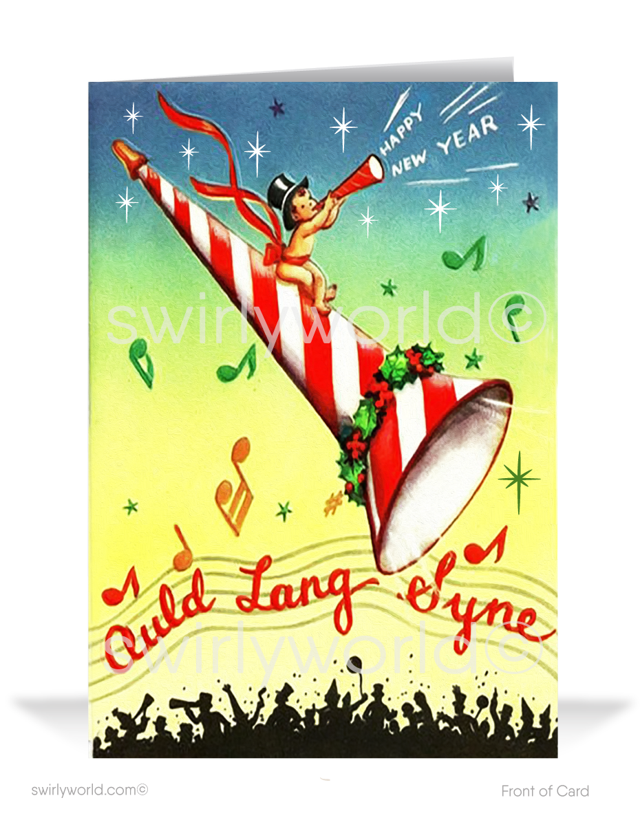 In this captivating illustration, the endearing 'Baby New Year,' adorned in a dapper black top hat, sits atop a large party horn blower. As the words 'Happy New Year' joyfully escape the horn, the timeless melody of 'Auld Lang Syne' fills the air. A group of townspeople gathers, their faces filled with delight, as they listen to the music that signifies the start of a new chapter.