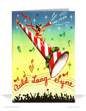 In this captivating illustration, the endearing 'Baby New Year,' adorned in a dapper black top hat, sits atop a large party horn blower. As the words 'Happy New Year' joyfully escape the horn, the timeless melody of 'Auld Lang Syne' fills the air. A group of townspeople gathers, their faces filled with delight, as they listen to the music that signifies the start of a new chapter.