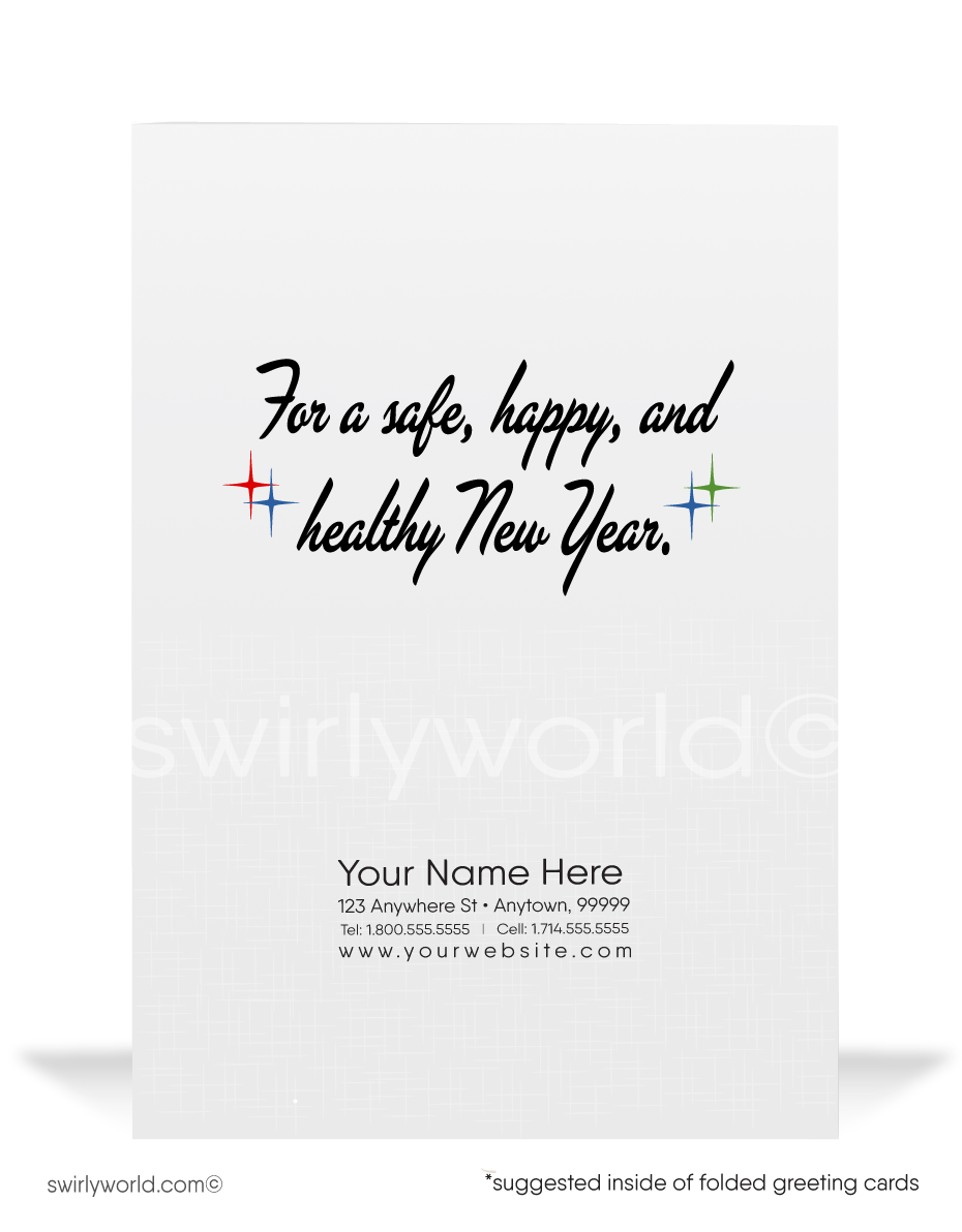 Celebrate in retro style! Vintage 'Cheers' New Year card features a champagne glass, streamers, balloons, and atomic starbursts on a rich deep blue backdrop.