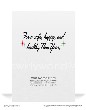 Vintage 'Cheers' Happy New Year Card with Champagne Glass, Streamers, Balloons, and Atomic Starbursts