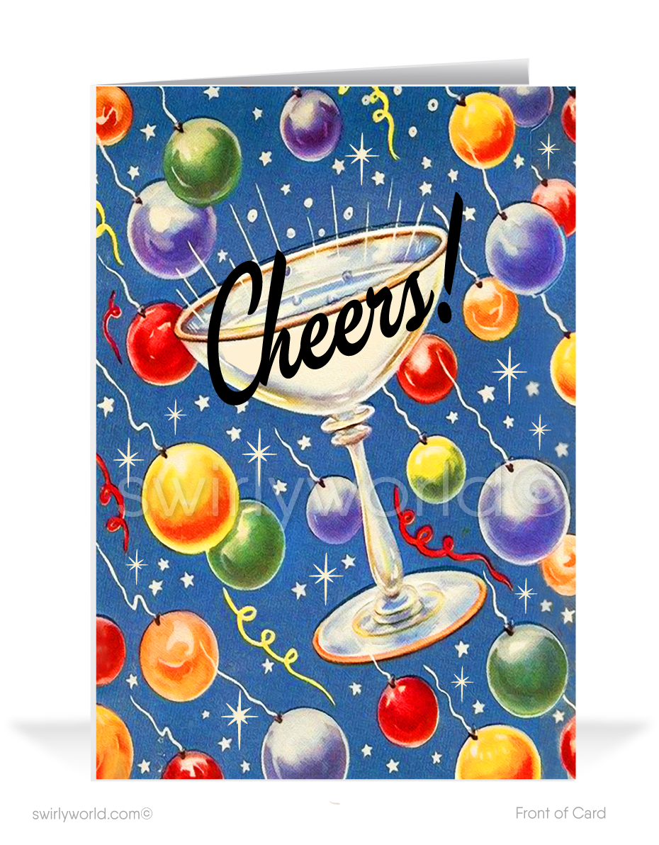 Celebrate in retro style! Vintage 'Cheers' New Year card features a champagne glass, streamers, balloons, and atomic starbursts on a rich deep blue backdrop.