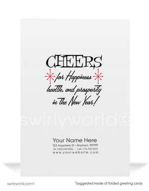 Vintage Pink Elephant New Year’s Greeting Card with Retro Mid-Century Design and Martini Glass