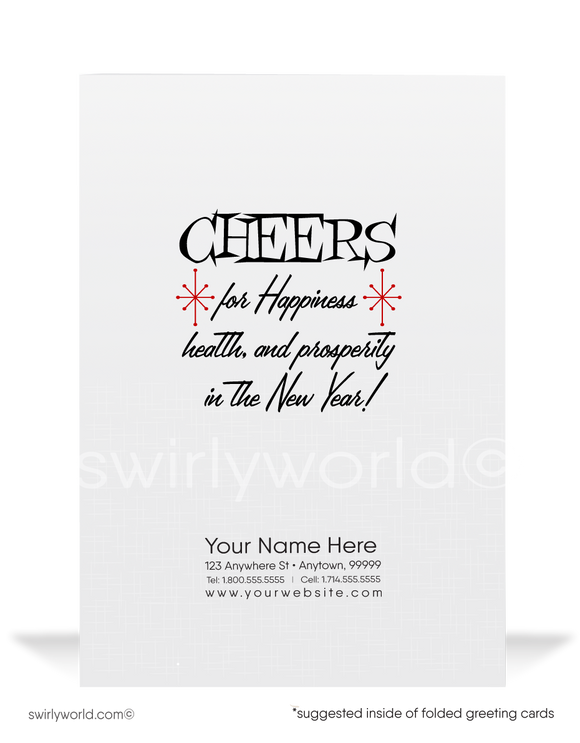 atomic retro mid-century modern cheers to the Happy New Year greeting cards