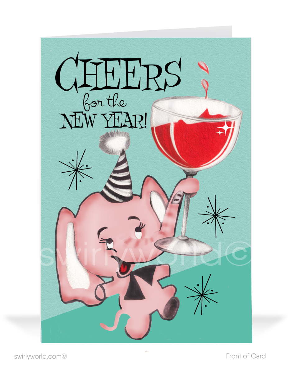Celebrate in retro style! Our Vintage Pink Elephant New Year’s Greeting Card features a whimsical design, mid-century charm, and customizable messages.