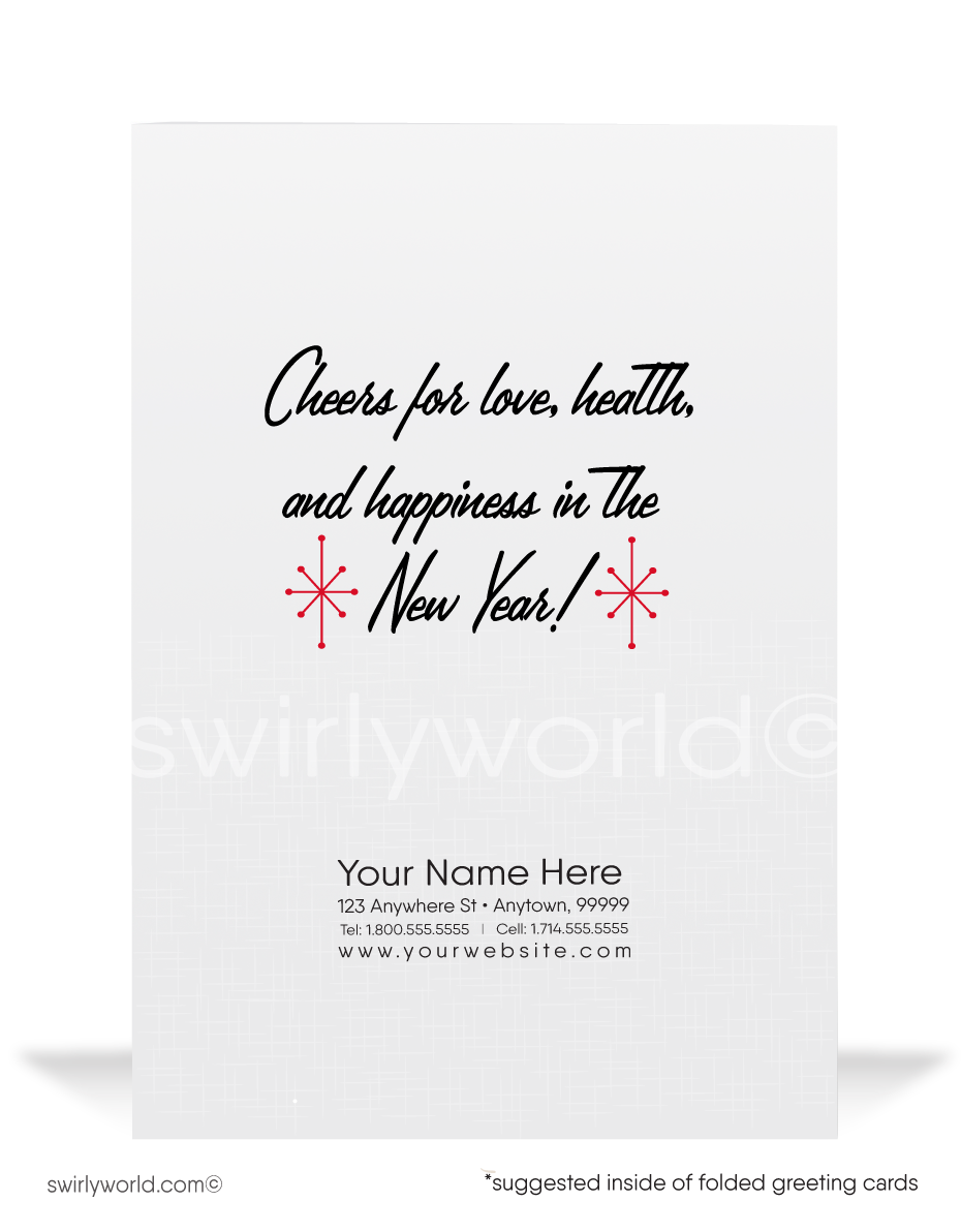 Celebrate in 1950s style! Retro New Year card with confetti, blowers, bells, stars, and vintage typography captures the vibrant spirit of the Atomic era.