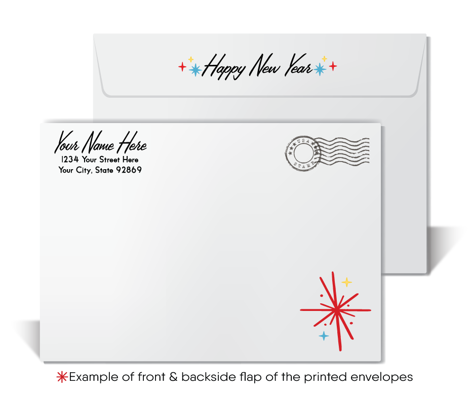 Mid-Century Style Happy New Year Card with Confetti, Blowers, Bells, and Vintage Typography in Retro 1950s Atomic Design