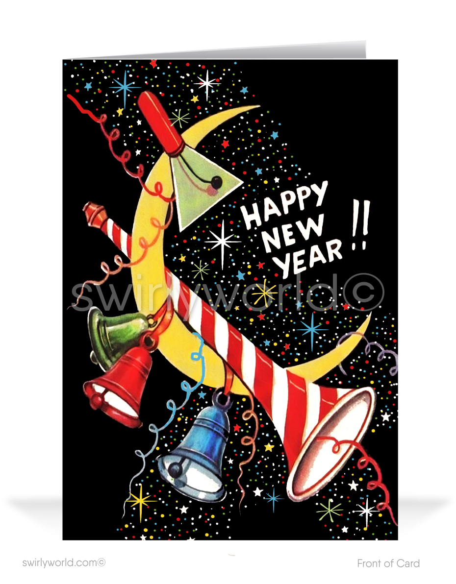 Celebrate in 1950s style! Retro New Year card with confetti, blowers, bells, stars, and vintage typography captures the vibrant spirit of the Atomic era.