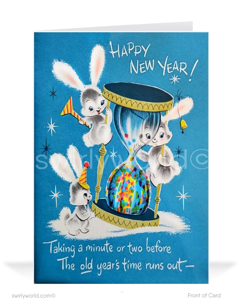 In this charming illustration, adorable white bunnies don festive party hats as they gather around and even hang from a giant hourglass, eagerly awaiting the arrival of the New Year. Confetti and joyful starbursts fill the vibrant blue background, creating an atmosphere of pure delight.