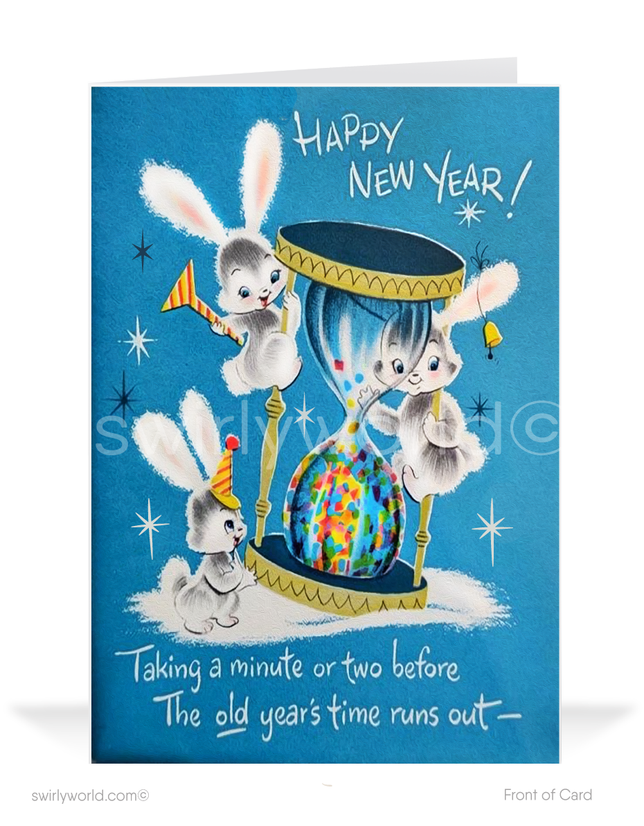 In this charming illustration, adorable white bunnies don festive party hats as they gather around and even hang from a giant hourglass, eagerly awaiting the arrival of the New Year. Confetti and joyful starbursts fill the vibrant blue background, creating an atmosphere of pure delight.