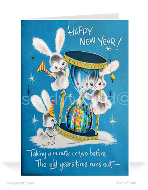 In this charming illustration, adorable white bunnies don festive party hats as they gather around and even hang from a giant hourglass, eagerly awaiting the arrival of the New Year. Confetti and joyful starbursts fill the vibrant blue background, creating an atmosphere of pure delight.