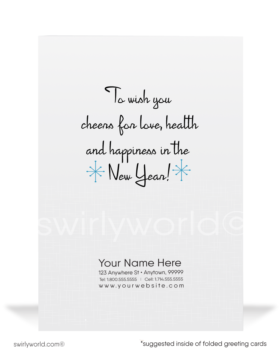 In this charming illustration, adorable white bunnies don festive party hats as they gather around and even hang from a giant hourglass, eagerly awaiting the arrival of the New Year. Confetti and joyful starbursts fill the vibrant blue background, creating an atmosphere of pure delight.