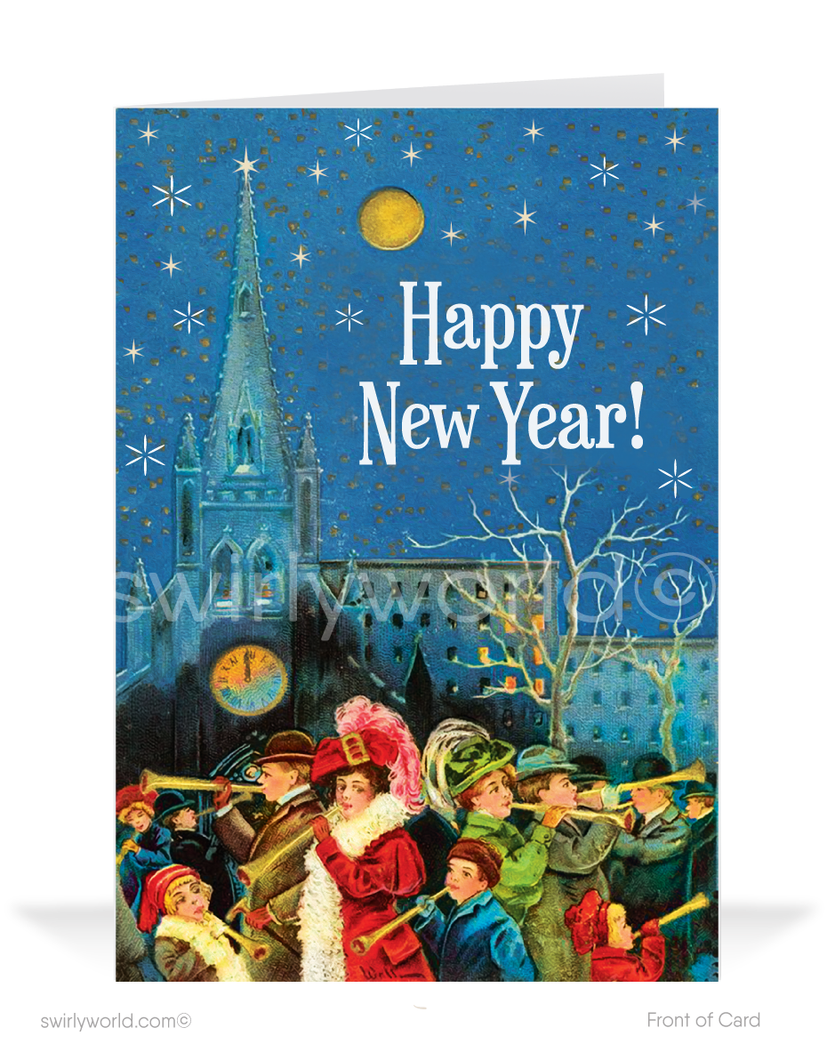Vintage Art Deco Town Square New Year’s Greeting Card with Grand Clock, Festive Townspeople, and 1920s-1930s Starry Sky Design