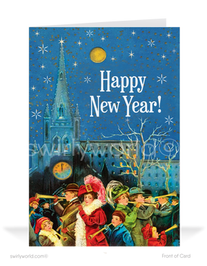 Vintage New Year Card – Art Deco Greeting Card with Festive Town Square Design
