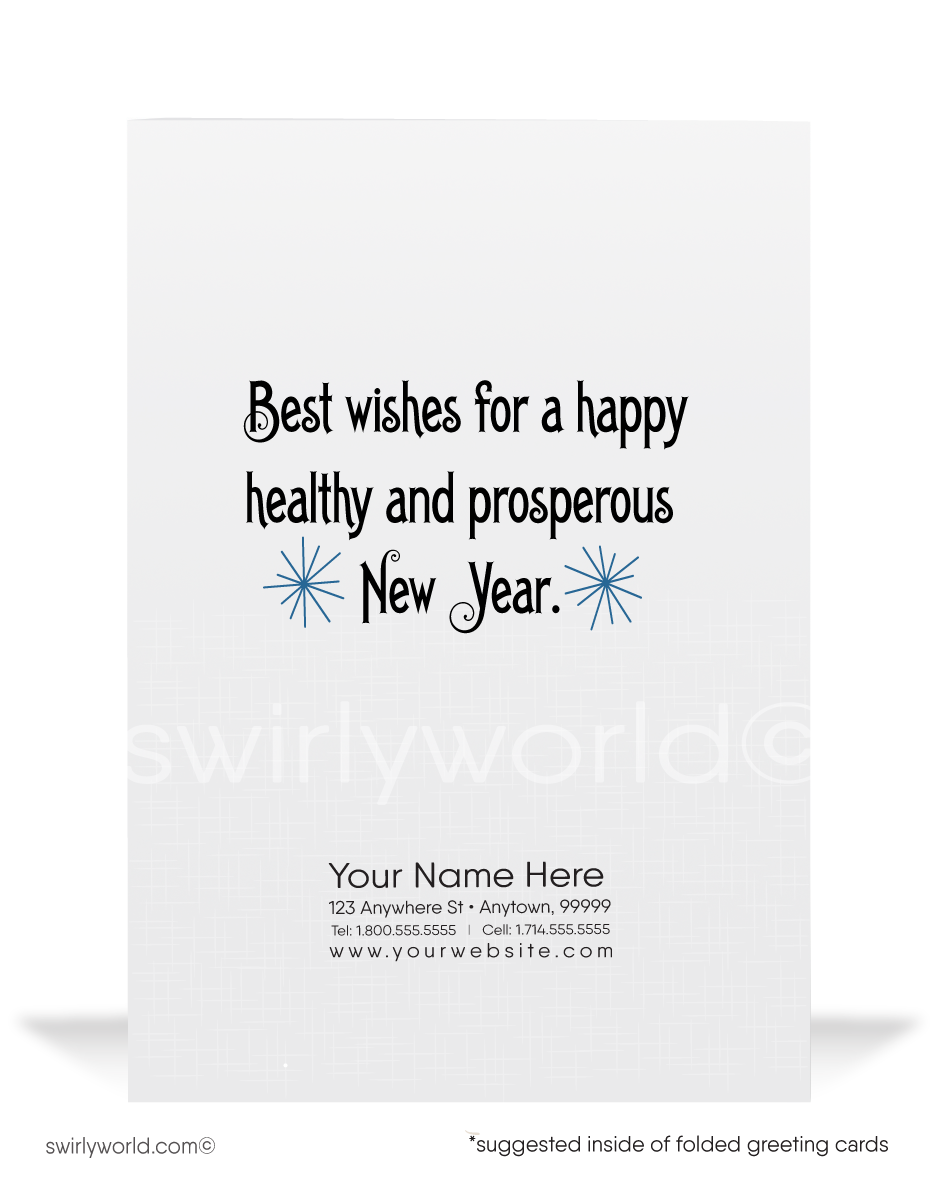 Vintage Art Deco Town Square New Year’s Greeting Card with Grand Clock, Festive Townspeople, and 1920s-1930s Starry Sky Design