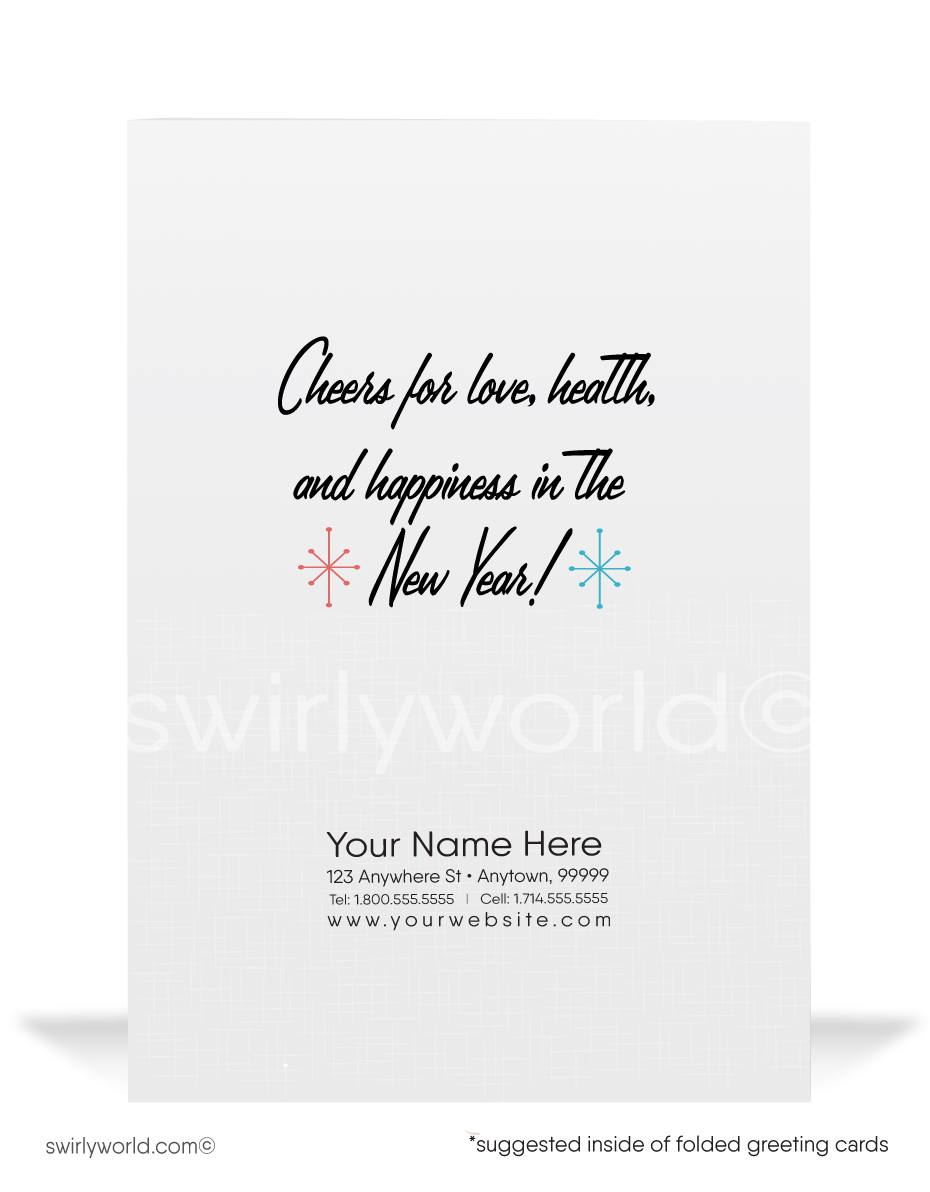 Celebrate New Year's with Retro Charm! Vintage 1950s-60s card features party blowers, balloons, and confetti, capturing the lively spirit of mid-century celebration