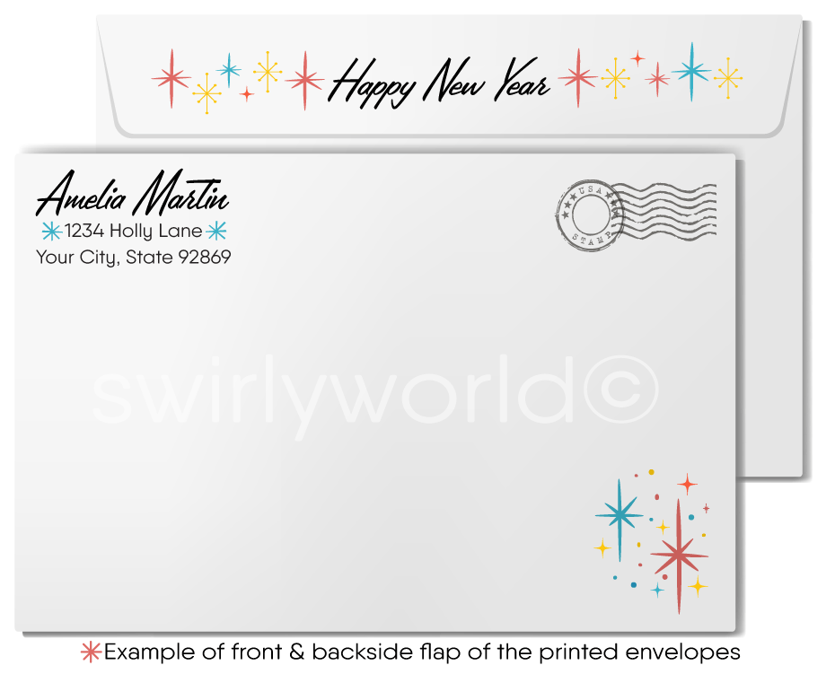 Vintage Retro New Year's Party Greeting Card with 1950s-60s Mid-Century Design, Balloons and Party Blowers