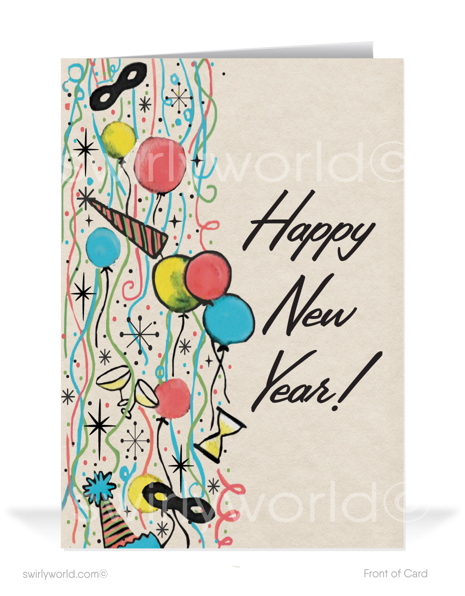 Celebrate New Year's with Retro Charm! Vintage 1950s-60s card features party blowers, balloons, and confetti, capturing the lively spirit of mid-century celebration