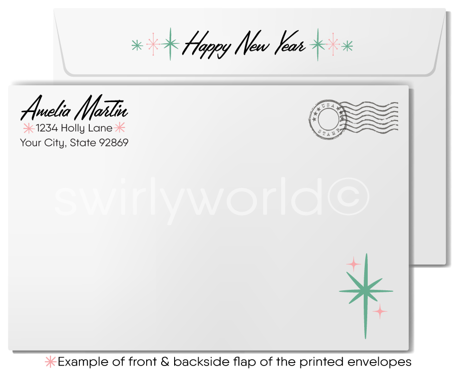 1940s-1950s Retro Mid-Century Vintage Glamourous Happy New Year Greeting Cards