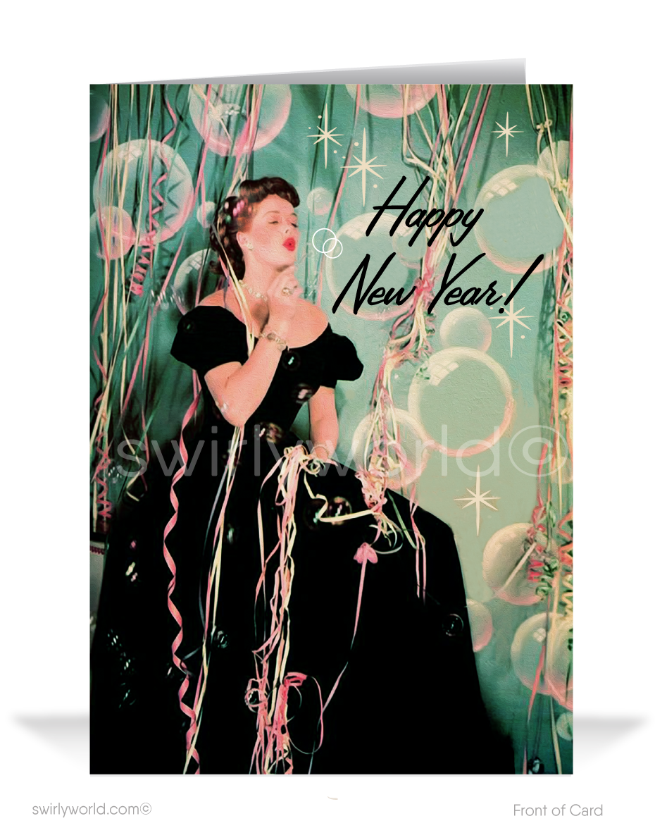 In this captivating illustration, a beautiful woman, dressed in formal attire, graces the scene as she joyfully blows bubbles in hues of pinks and blues. A cascade of streamers in the same gorgeous colors adds to the festive atmosphere, while starbursts fill the background with a touch of timeless glamour.