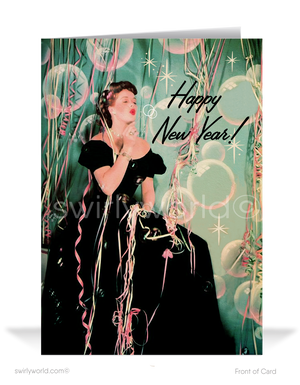 In this captivating illustration, a beautiful woman, dressed in formal attire, graces the scene as she joyfully blows bubbles in hues of pinks and blues. A cascade of streamers in the same gorgeous colors adds to the festive atmosphere, while starbursts fill the background with a touch of timeless glamour.
