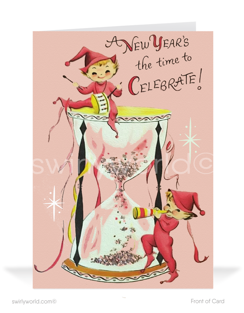 Step into the enchanting world of mid-century celebrations with our Vintage Pixie Elves New Year's Greeting Card! This delightful card invites you to relive the whimsy and magic of the 1940s-1950s, capturing an enchanting scene of beguiling pixie elves dancing merrily around an hourglass as they celebrate the arrival of the New Year.