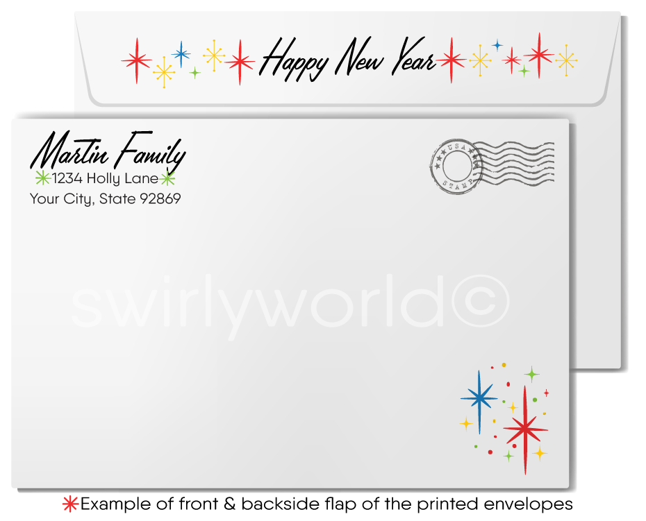 Vintage 1940s-1950s Happy New Year Greeting Card – Retro Dog in Party Hat with Ribbon-Style Typography and Customizable Mid-Century Design