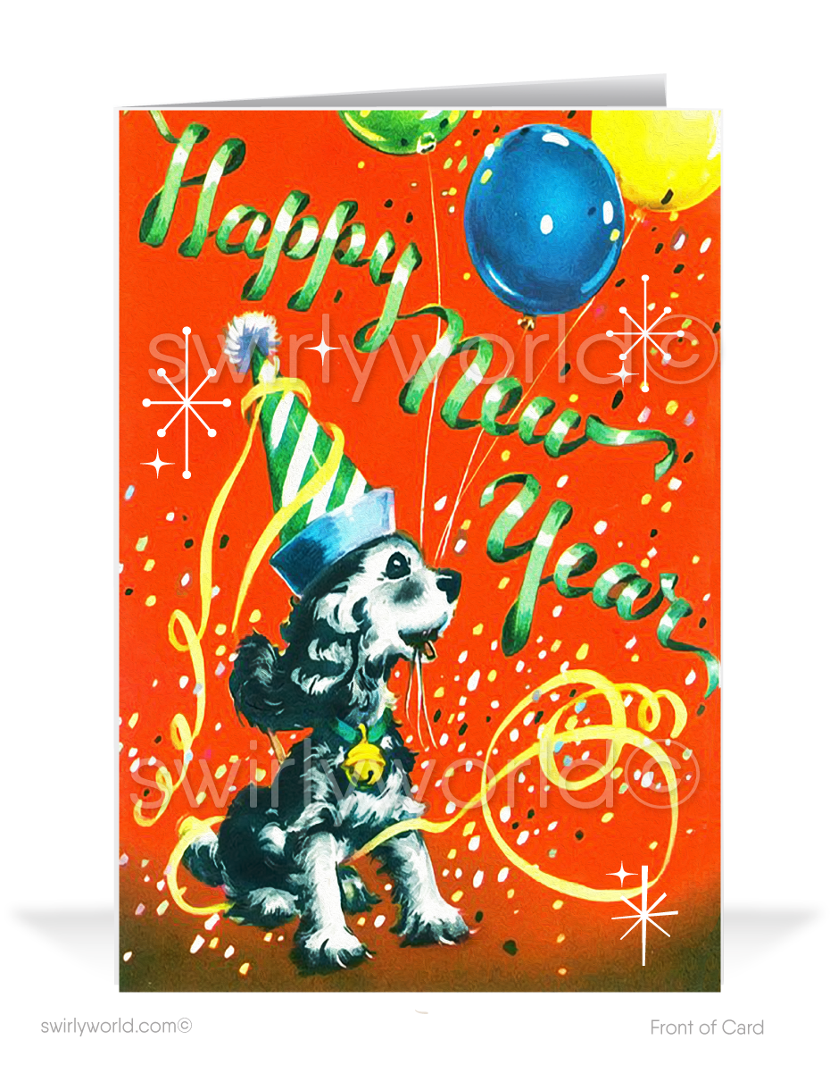 Ring in the New Year with our 1940s-1950s Vintage Greeting Cards! Festive dog, ribbon-style typography, and retro charm make your holiday greetings unforgettable.