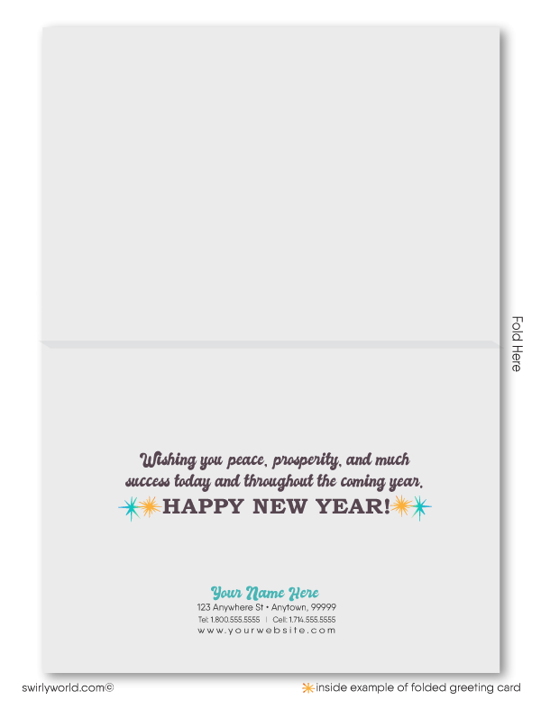 Send peaceful vibes with Retro Beach-Themed New Year Cards! 1960s-70s style, vintage typography, sunset, palm tree, & tranquil ocean for a groovy celebration.
