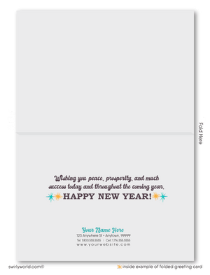 Retro Beach-Themed Happy New Year Greeting Card with Vintage Typography, Sunset, and Tropical Palm Tree Design